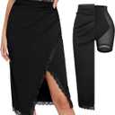 Popilush Midi Skirts for Women Lace Shapewear Split Satin High Waisted Bodycon Long Skirt Built-in Tummy Control (Black, L)