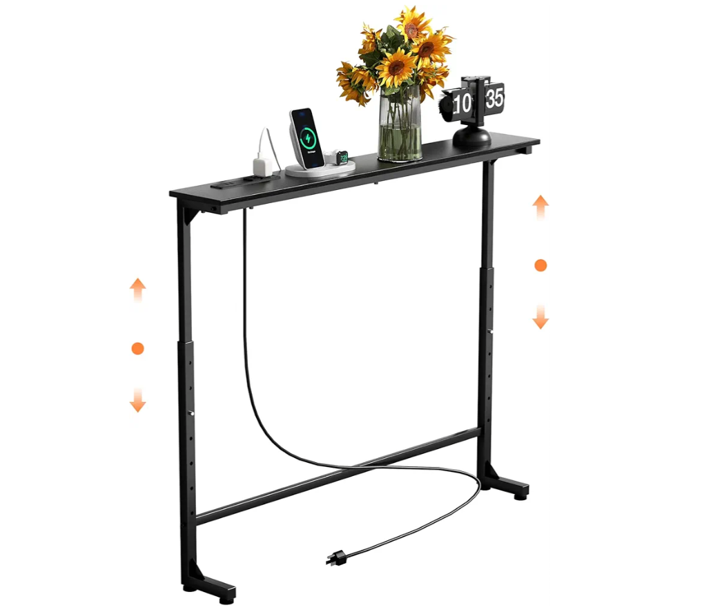 GRLEAF 45" Adjustable Height Narrow Console Table with Power Outlets, Long Sofa Table with Charging Station Behind Couch Table Skinny Entryway Table for Living Room, Hallway and Office – Black