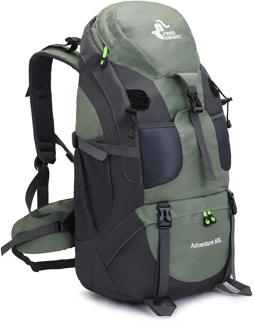 Bseash 50L Hiking Backpack, Water Resistant Lightweight Outdoor Sport Daypack Travel Bag for Camping Climbing Skiing Cycling (Army Green - With Shoe Compartment)