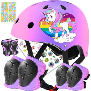 Toddler Kids Bike Helmet Set for Boys Girls Color Gradient Adjustable Skateboard Helmet Protective Gear Set Knee Elbow Wrist Pads for Bike, Roller, Scooter, Cycling, Balance and More Sports (Small: 20.1"-21.2", Pink-Purple-Pink)