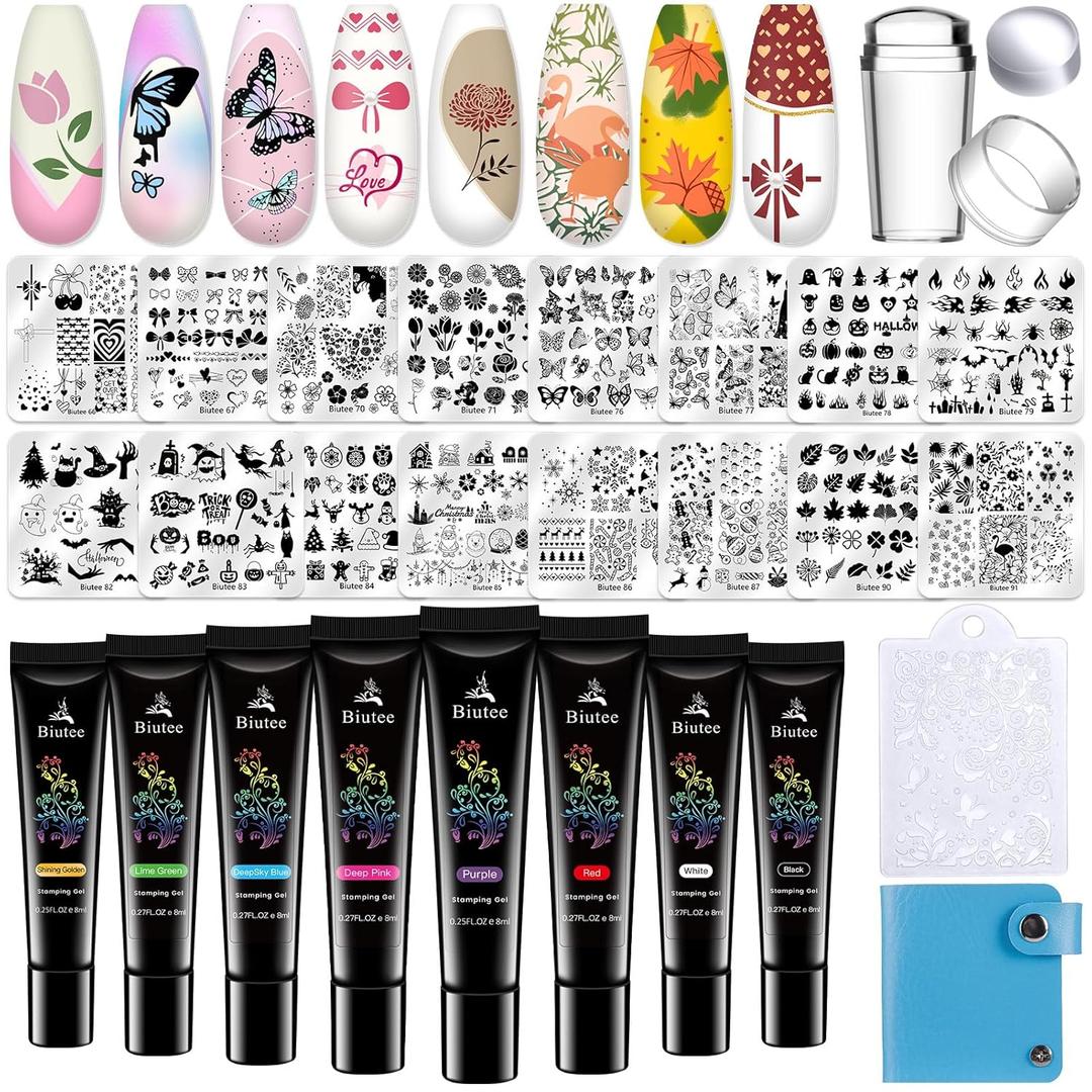 Biutee Nail Stamper Kit 16Pcs Nail Art Stamping Plate 8 Colors Stamp Polish Gel Silicone Stamper Scraper with Storage Bag, Nail Stamp Plates Love Flower Butterfly Leaf Template Holiday Design Gift