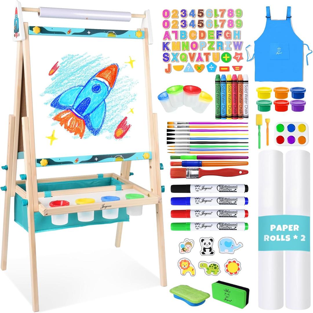 Joyooss Art Easel for Kids,Double Sided Wooden with 98+ Accessories Kids Easel Drawing Board with Magnetic Chalkboard,Dry Erase White Board & Paper Roll Paint Art Easel for Kid Age 2-4 4-8 9-12, Medium