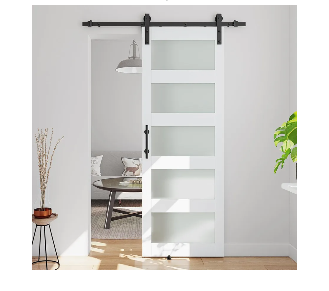 24in x 84in 5-Panel Sliding Glass Barn Door with 4ft Hardware Kit Included, Easy Assembly with Pre-Drilled Holes, Waterproof, Frosted Glass for Bathroom-Fit Max Opening 22in x 82in, White