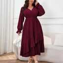 Womens Plus Size Wedding Guest Cocktail Maxi Dress Faux Wrap V Neck Long Sleeve Ruffle Hem Split Long Dress (XL)