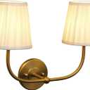 PERMO Vintage Sconce Gold 2 Lights Wall Sconces with Pleated Beige Stripe Fabric Shades Antique Bathroom Double Sconces Hardwired for Farmhouse Bedroom Hallway