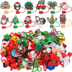 Honeydak 72 Pcs Christmas Straw Toppers Cute Silicone Straw Covers for 30/40 oz Tumblers Reusable 10mm Dust Proof Tips Caps with 72 Christmas Unique Designs for Xmas Gifts Party Accessories