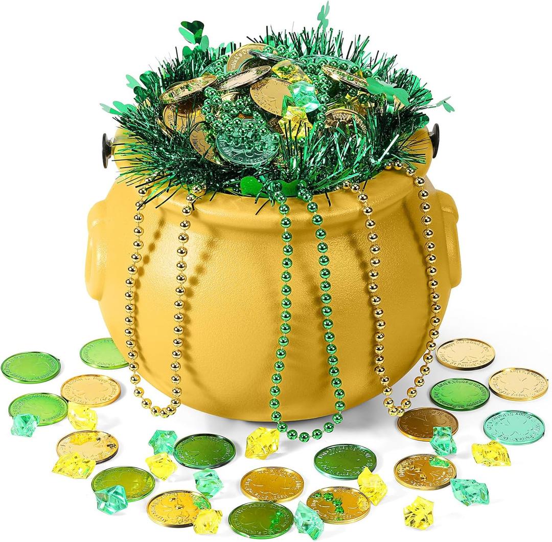 Sratte 308 Pcs St Patrick's Day Candy Cauldron Kettle with Handle Set Pot of Gold Shamrock Gold Green Coin Gem Leprechaun Clover Necklace Lucky Plastic Jewelry Treasure (Gold, 7.87 x 5.91 in) (Gold Pot)