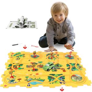 Plastic Dinosaur Puzzles for Kids with A Cute Car, Montessori Toys for 3 4 5 6 Year Old Boys, Race Tracks for Kids 3-5, Toddler Puzzle Track Play Set, Gifts for 3 4 5 6 Year Old Boys Toys