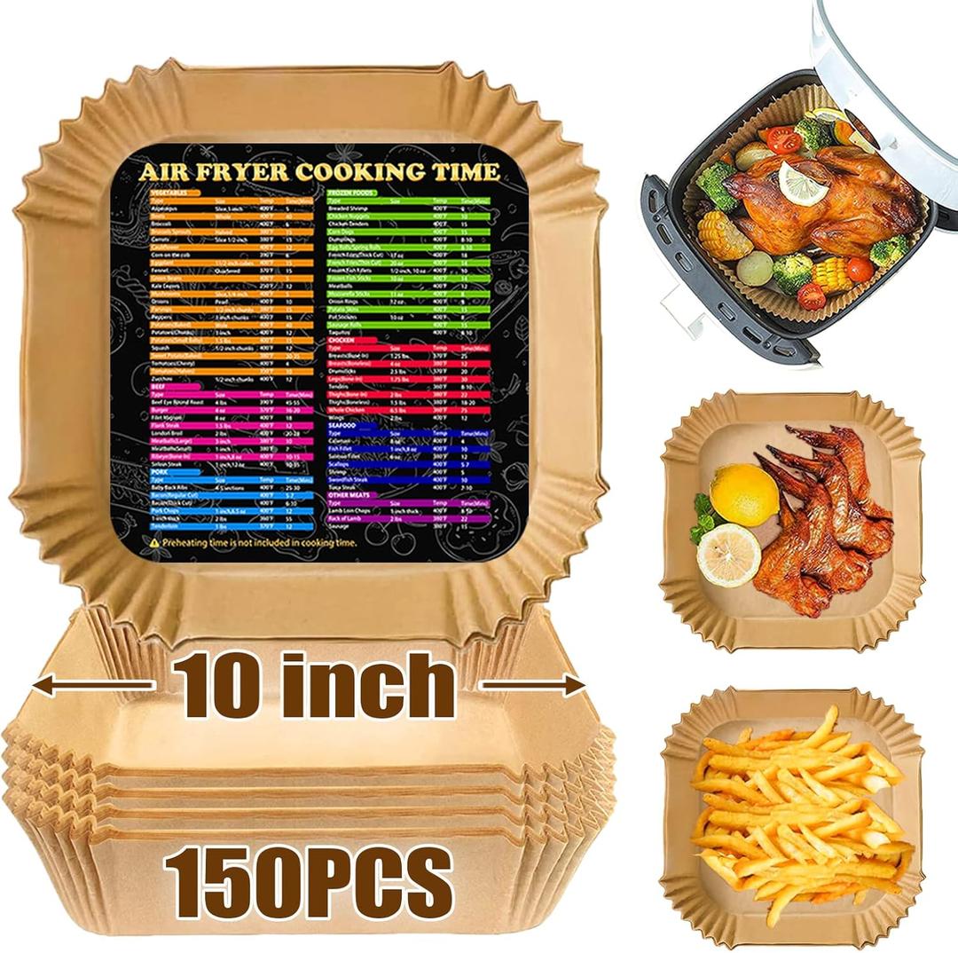 Air Fryer Liners 10 Inch, Square Airfryer Liners Large Air Fryer Parchment Paper Liners, Non-stick Air Fryer Disposable Paper Liners Oil Resistant, Waterproof for Baking Roasting, 150PCS