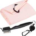Golf Towels, Microfiber Waffle Pattern Tri-fold Golf Towel - Brush Tool Kit with Club Groove Cleaner, with Clip Men Women Golf Gifts (Pink Towel+Black Brush)