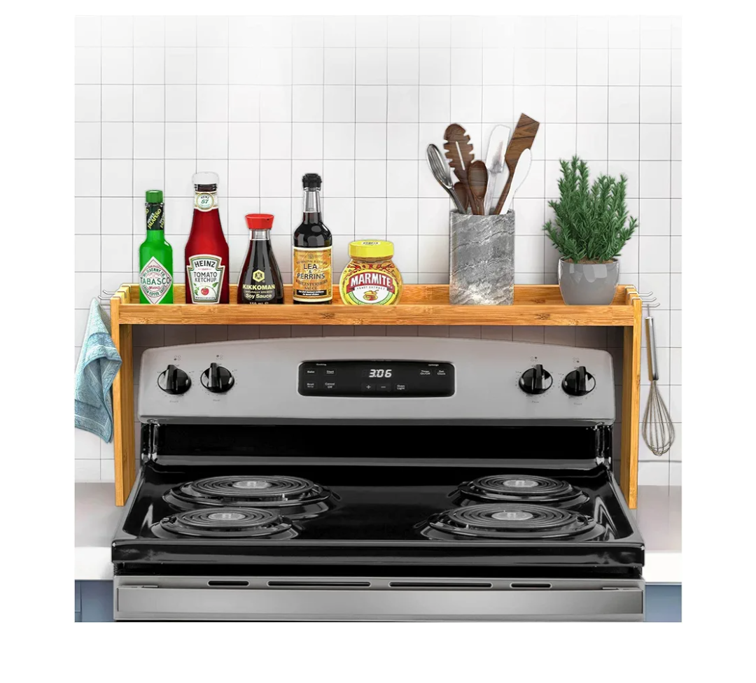 IIIOIIIA Bamboo Over The Stove Spice Shelf for Kitchen Storage, 31.5" Kitchen Spice Rack Organizer Stove Top Shelf with 6 Hooks, 11.4" Height Extra Storage Countertop, Easy to Assemble