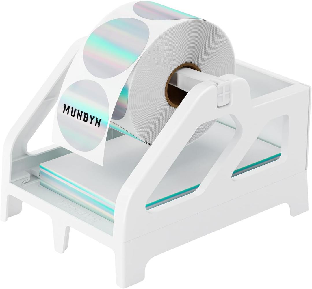 MUNBYN Label Holder for Rolls and Fan-Fold Labels, Thermal Sticker Roll Holder for Desktop Thermal Printer Shipping Supplies Industrial Paper, White