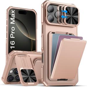 SSLOTSCASE for iPhone 16 Pro Max Case with Wallet & Sliding Lens Cover & Kickstand & Credit Card Holder, Military-Grade Protection Rugged Phone Case Cover for iPhone 16 Pro Max 6.9'' 2024, Rose Gold