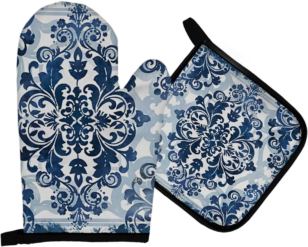 Mingnei Blue Porcelain Floral Oven Mitts and Pot Holders Set, Heat Resistant Hot Pads for Cooking Baking BBQ, Chinoiserie Flower Oven Glove Set Kitchen Decor Gifts