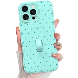 KANGHAR Compatible with iPhone 16 Pro Max Case, Support for MagSafe, Silicone Spot Cute Pattern, Wristband Kickstand Camera Protection Shockproof Soft Slim Cover for Girls Women, Blue