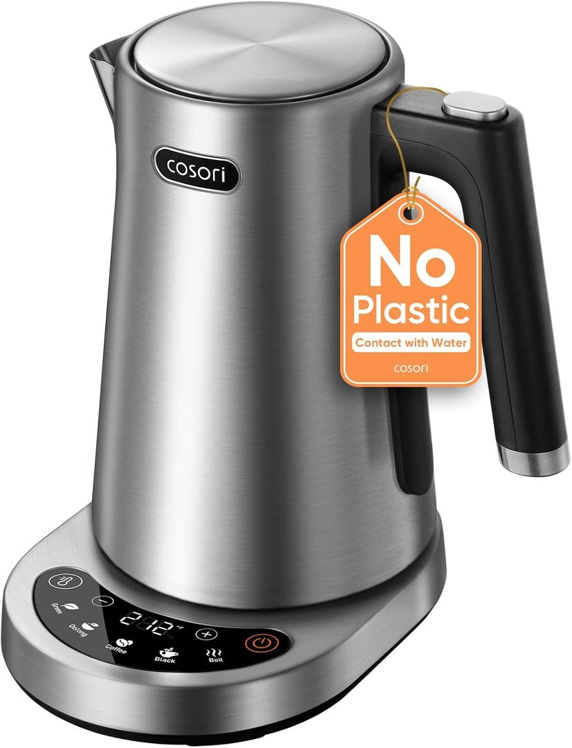 Cosori Electric Kettle, Plastic-Free Interior, 5 Presets 5 Temperature Control, Fast Boiling, 2 Lid Opening, 60Min Keep Warm, Stainless Steel Tea Kettle for Tea, Hot Water, Boil Water, Coffee, 1.7L
