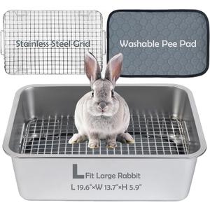 MEEXPAWS Rabbit Litter Box Stainless Steel, Large Bunny Litter Box with Raised Grid and Washable Pee Pad, Metal Litter Pan High Side for Rabbit,Small Animal Toilet Potty Tray Easy Cleaning,Less Stink