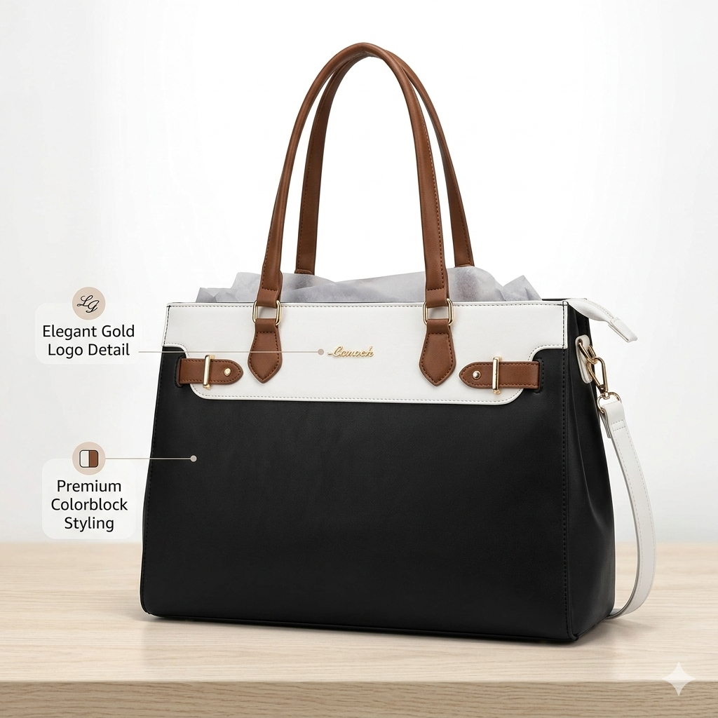 LOVEVOOK Laptop Tote Bag for Women Work, Teacher Tote Bag Nurse Bag with Large Cup Holder, 15.6 Inch Waterproof Leather Computer Bag Professional Business Office Briefcase, Blackbeigebrown