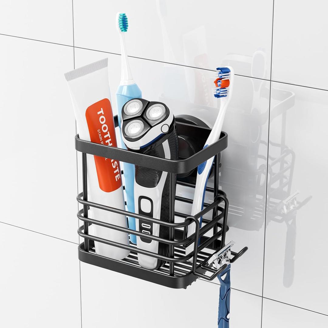 TAILI Patented Suction Cup Toothbrush Holder, Stainless Steel Anti-Puddling Shower Toothbrush Holder, No Drilling Removable Organizer for Bathroom Toothpaste, Razor, Kitchen and Office Items, Black