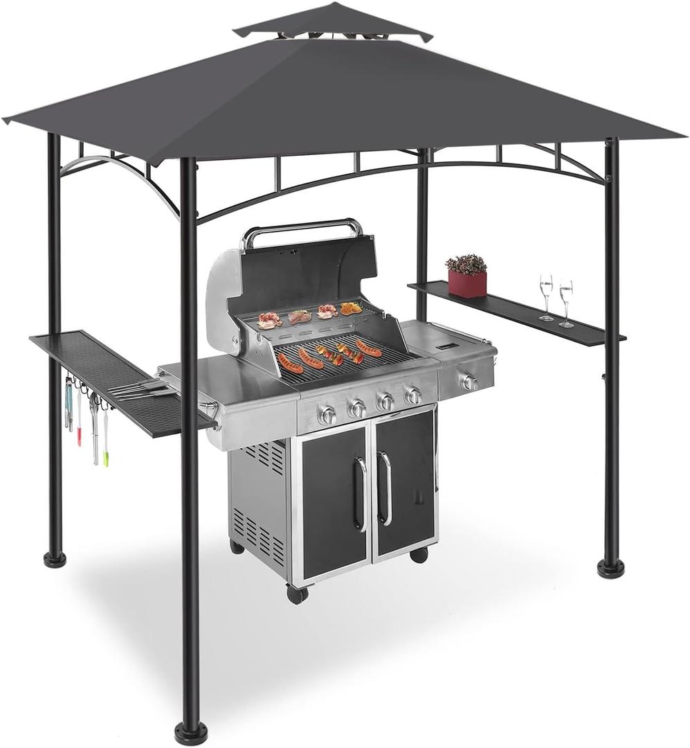FAB BASED 5x8 Grill Gazebo, All-Weather Steel Construction, Double Tiered & Resistance Canopy Roof, Metal Serving Shelves, 2 LED and Bottle Opener for Patio, Backyard, BBQ (Dark Gray)