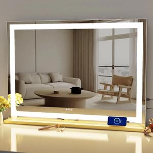 Makeup Vanity Mirror with USB Charging Port 28" x 22" Large LED Makeup Mirror, Desk Mirorr with Lights, Light up Mirror with 10X Magnification and, Dimmable 3 Modes, Touch Gold