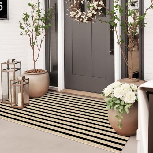 Sungea Outdoor Rug Front Door Mat 2'x4.3', Cotton Indoor Doormat Washable Black and Tan Striped Rug, Stain Resistant Reversible Layered Door Mats for Entryway/Farmhouse/Home Entrance