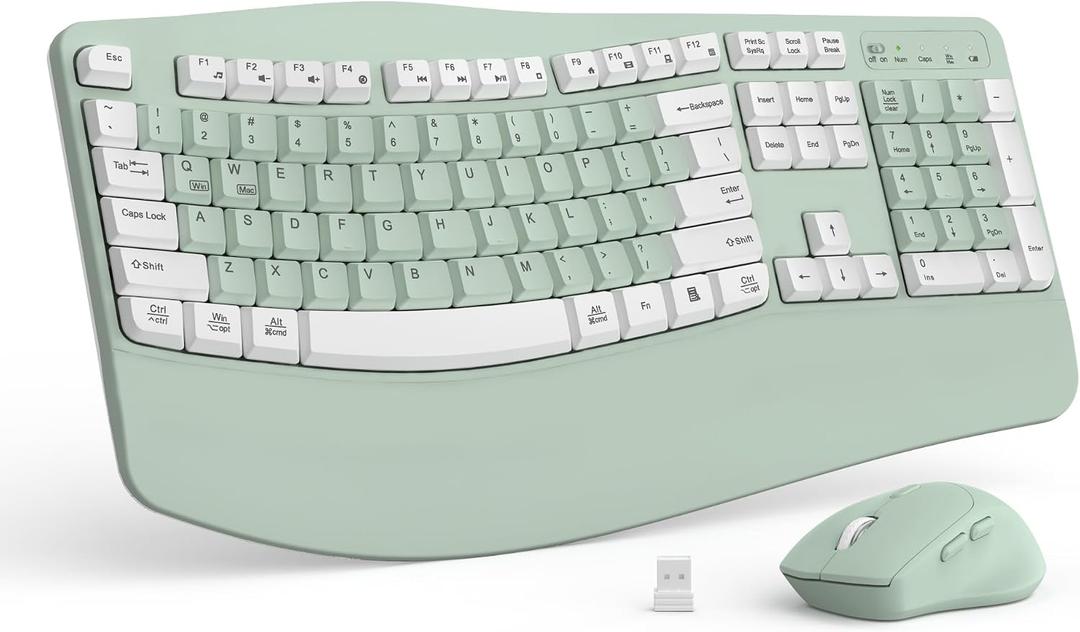 Wireless Keyboard and Mouse Combo,2.4G Full Size Wave Keys Ergonomic Keyboard with Wrist Rest for Natural Typing, 3 DPI Adjustable Ergonomic Mouse for Computer/Laptop/Windows/Mac (Avocado Green-A)