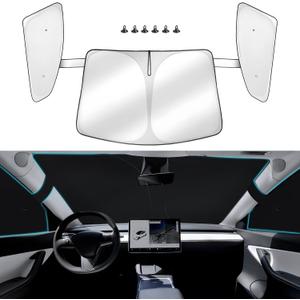 Windshield Sunshade for Tesla Model Y Front and Side Window Sunshade, 2 in 1 Integrated Sun Visor Cover for Tesla Model Y 2021-2023 2024 2025, Folding Heat Insulation Windshield Sunshade