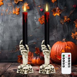 GenSwin Halloween Black Taper Flameless Candles with Ghost Hand Candlesticks and Remote Timer, 2 Pcs Battery Operated Taper Candles with Holder and 3D Flame for Halloween Decor