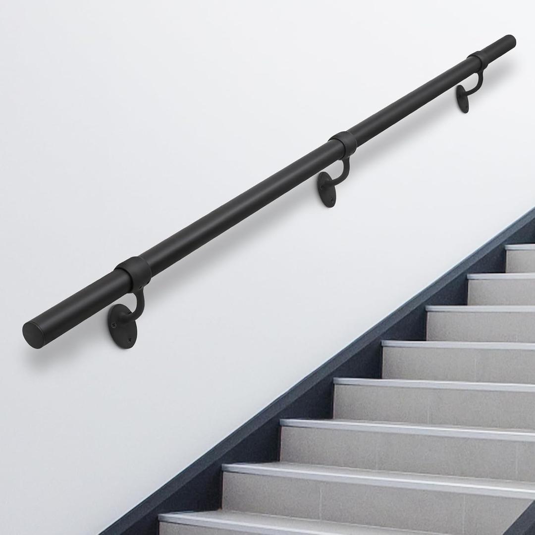 6.6ft Stair Railing Indoor Metal Hand Rails for Indoor Stairs 1.5" Pipe Stair Handrail Aluminum Wall Mounted Indoor/Outdoor Handrail for Steps Black Industrial Handrail for Stairs