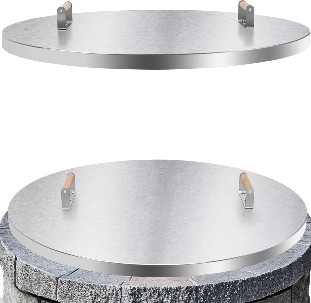 Fire Pit Lid Cover Round - 34" Stainless Steel Rust Resistant Firepit Cover or Table with 2 Wooden Handles for Patio Fire Pit, Weatherproof for All Seasons, Fits Fire Pits Up to 32"