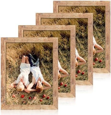 iRahmen 8.5x11 Picture Frame Set of 4, High Definition Real Glass Rustic Brown Frame, Wood Photo Frames 8.5 by 11 Diploma Document for Wall Hanging and Tabletop Display