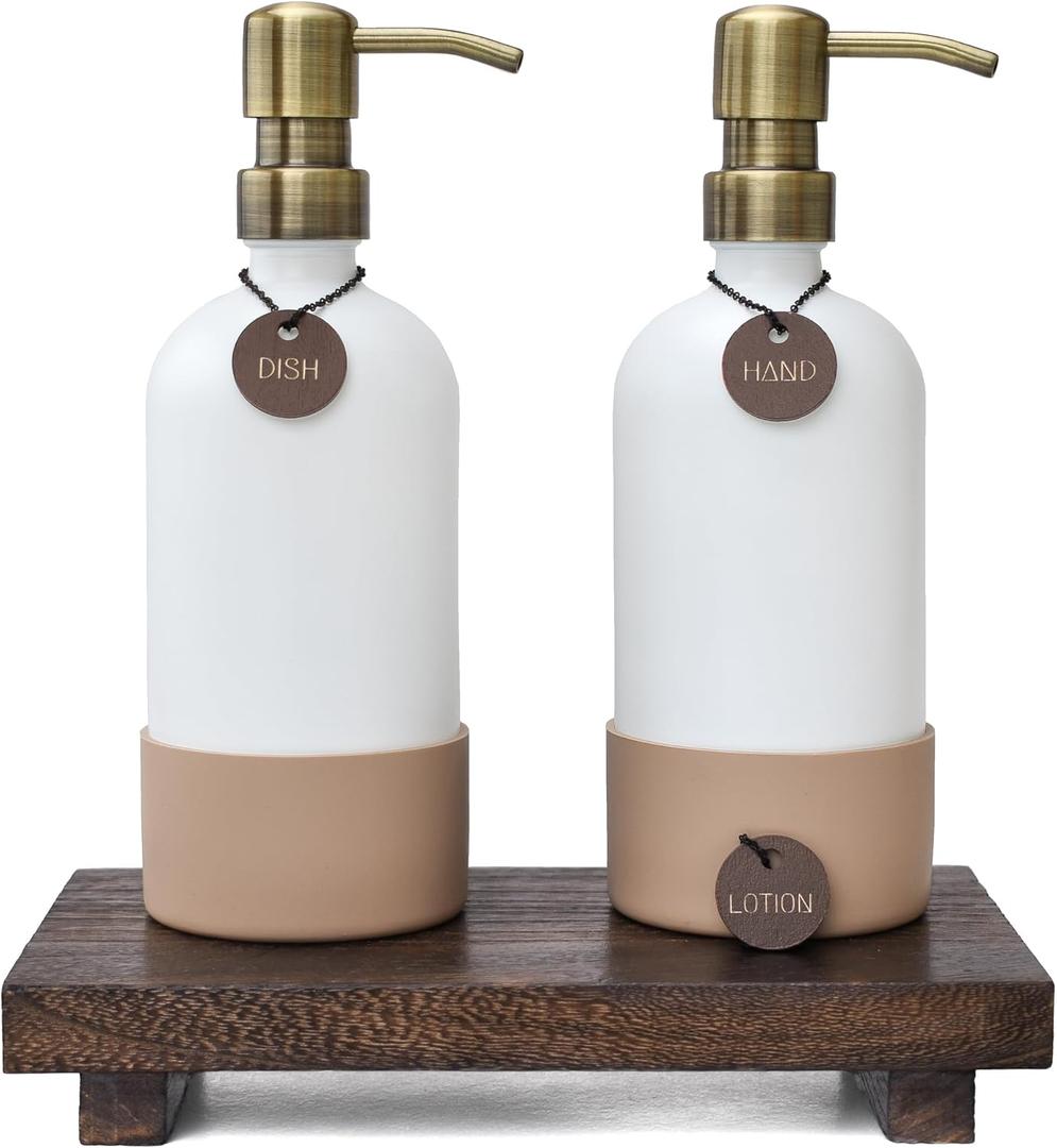 Finisterra White Hand and Dish Soap Dispenser Set With Tray - Boho Bathroom and Kitchen Soap and Lotion Dispenser Set - Luxury Hand Soap Dispenser