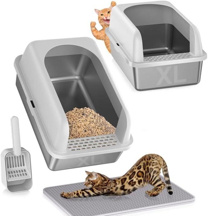 2 Pack Stainless Steel Litter Box, 24'' XL Extra Large Cat Litter Box with Lid, Metal Litter Boxes for Multiple Cats, Anti-Leakage,Non-Stick, Easy to Clean, Included Cat Litter Mat, Scoop