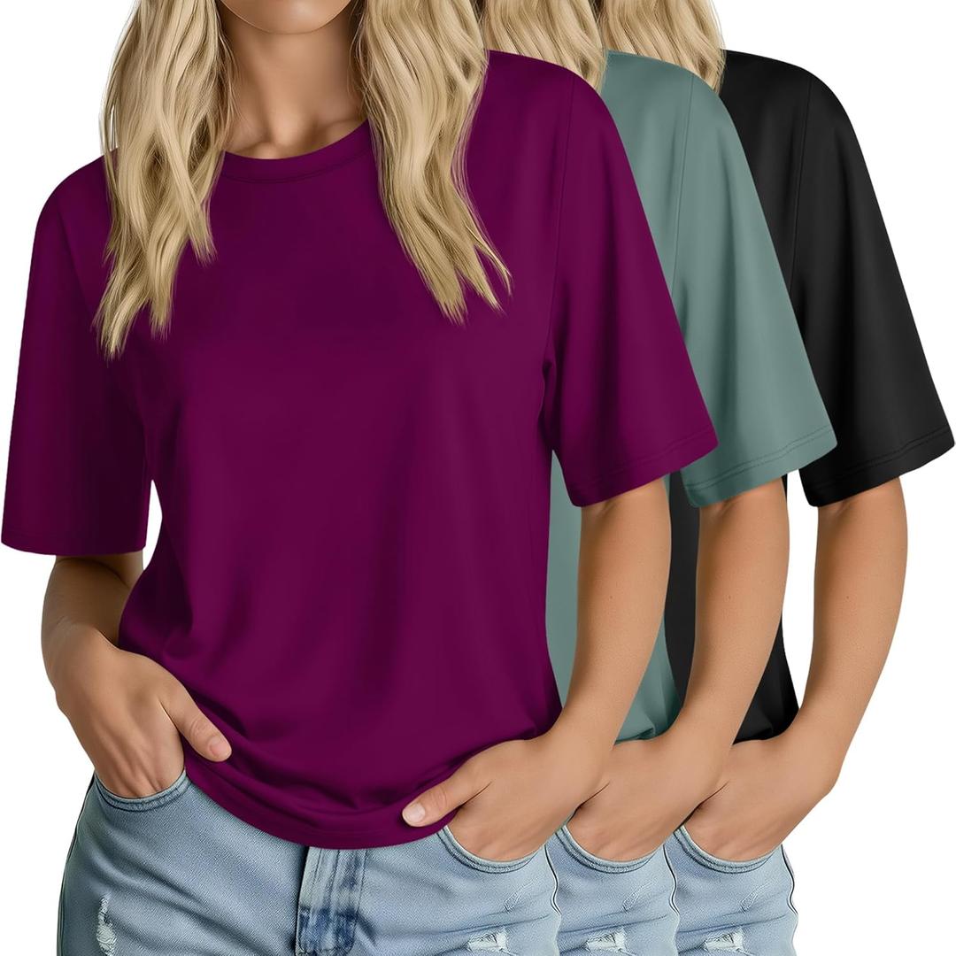 Huukeay 3 Pack Women's Half Sleeve T-Shirts, Crew Neck Elbow Length Tops Loose Casual Basic Tees Summer Tunic Tops(Black, Gray Green, Burgundy Purple,Large)