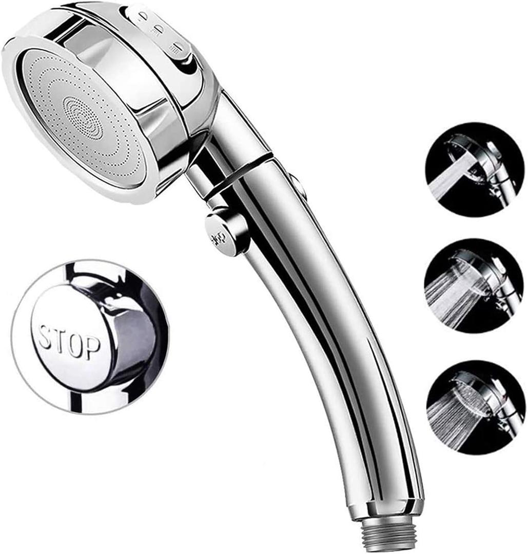 Marbrasse High Pressure Shower Head, 3-Settings Handheld Showerhead with ON/Off Full Shutoff Push Button and Switch to Control Flow, Angle-Adjustable Water Saving Body Sprays(Chrome)