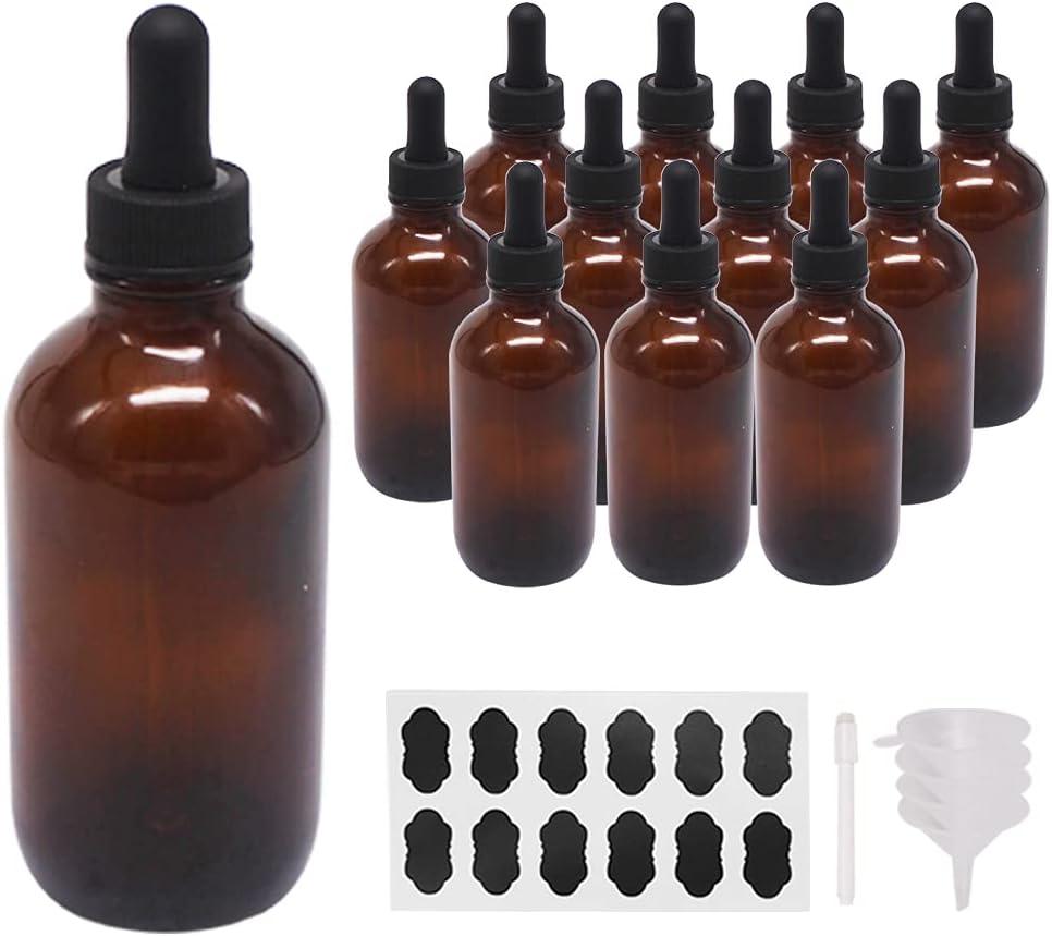 12 Pack 4oz Glass Dropper Bottles for Essential Oil 120ml Amber Round Boston Bottle With Black Eye Dropper for Massage Oil, Perfume & Lab, Refillable Glass Bottle for Travel