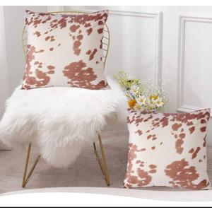 Velvet Throw Pillow Covers 20x20, Beige Tan Cow Hide Cowhide Print Square Couch Pillows, Farm Animal Western Decorative Accent Cushion Cover Pillowcase for Sofa Bed & Living Room (Light Brown)