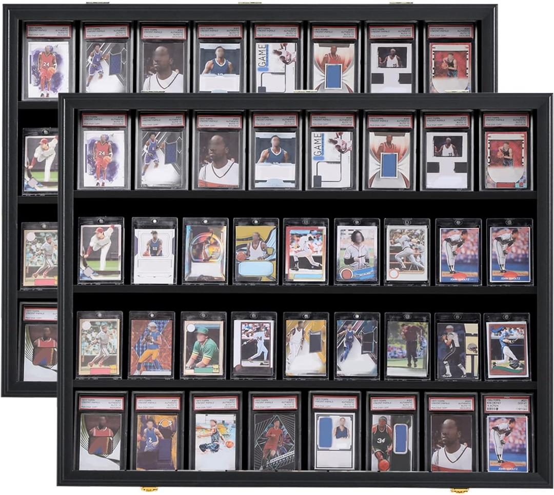 VERANI Baseball Card Display Case - 36 Graded Sports Card Display Frame - Holds Sport Cards with UV Protection Clear View Lockable Wall Cabinet for Football Basketball Trading Card Horizontal - 2Pack