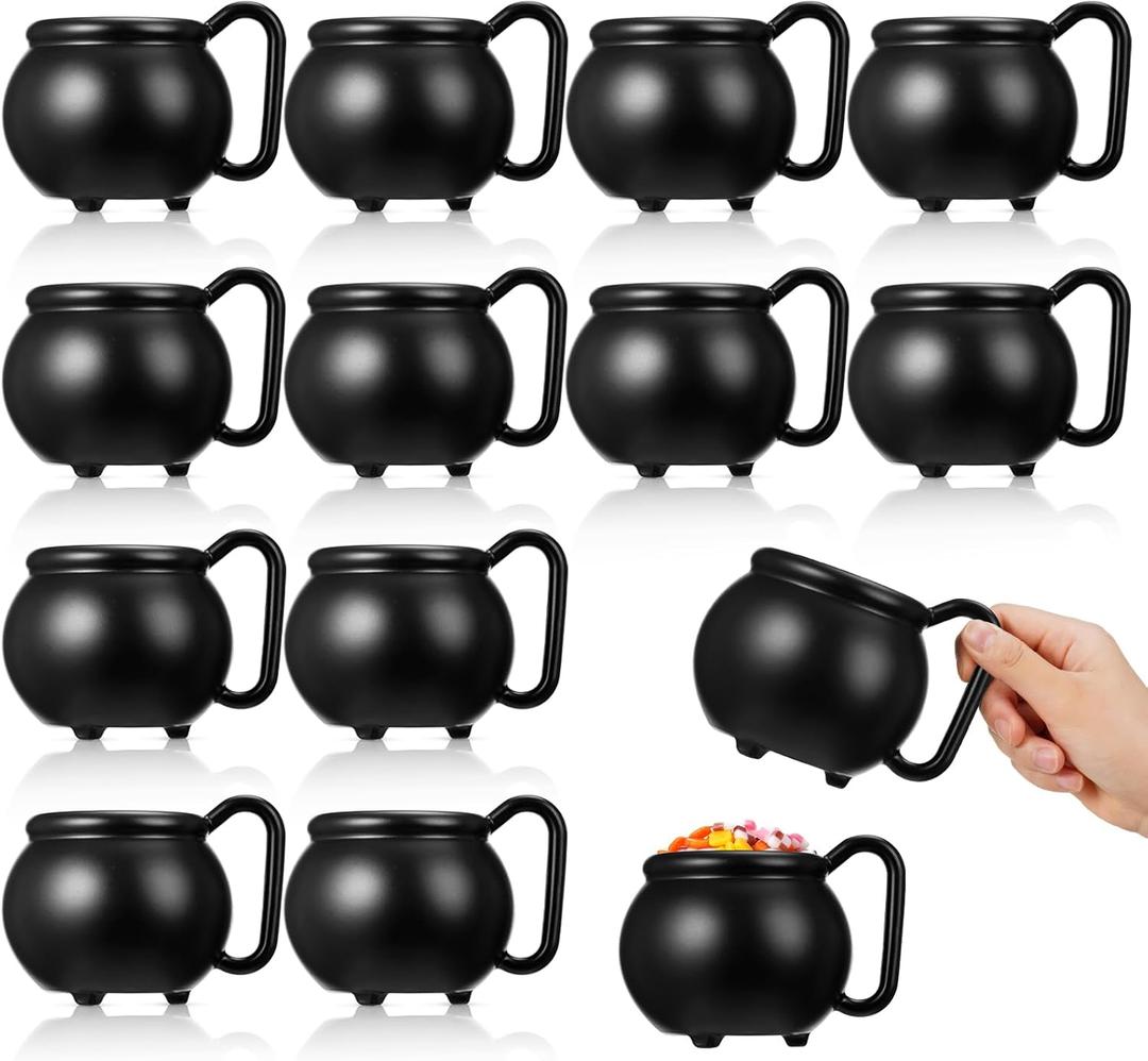12/24 Pcs Halloween Cauldron Mug 12 oz Black Plastic Cauldron Candy Pot Kettle Witch Brew Mugs Halloween Party Cups Witch Party Supplies (12)