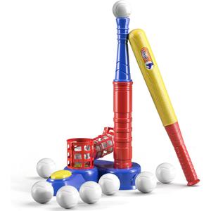 TEMI 2 in 1 Tee Ball Set for Kids 3-8, Kids Baseball T-Ball Set with 10 Balls, Step on Pitching Machine, Batting Tee, Outdoor Sport Toy Games for 3-12 Year Old Boys Girls Toddler