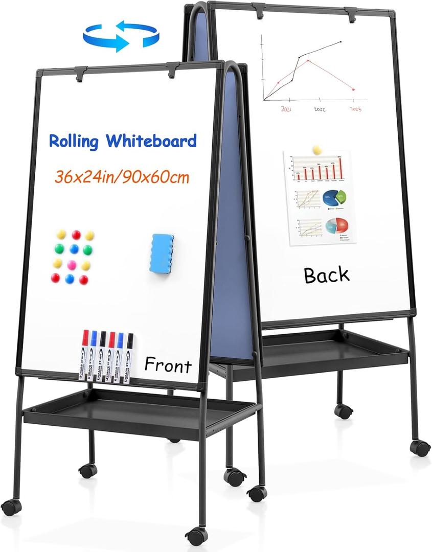 MAKELLO Rolling Whiteboard on Wheels 36x24 in, Double Sided Mobile White Board with Storage Tray for Office School Home, Magnetic Classroom Easel for Teacher, Height Adjustable, Aluminum Frame, 3'x2' MAKELLO Rolling Whiteboard on Wheels 36x24 in, Double Sided Mobile White Board with Storage Tray for Office School Home, Magnetic Classroom Easel for Teacher, Height Adjustable, Aluminum Frame, 3'x2'