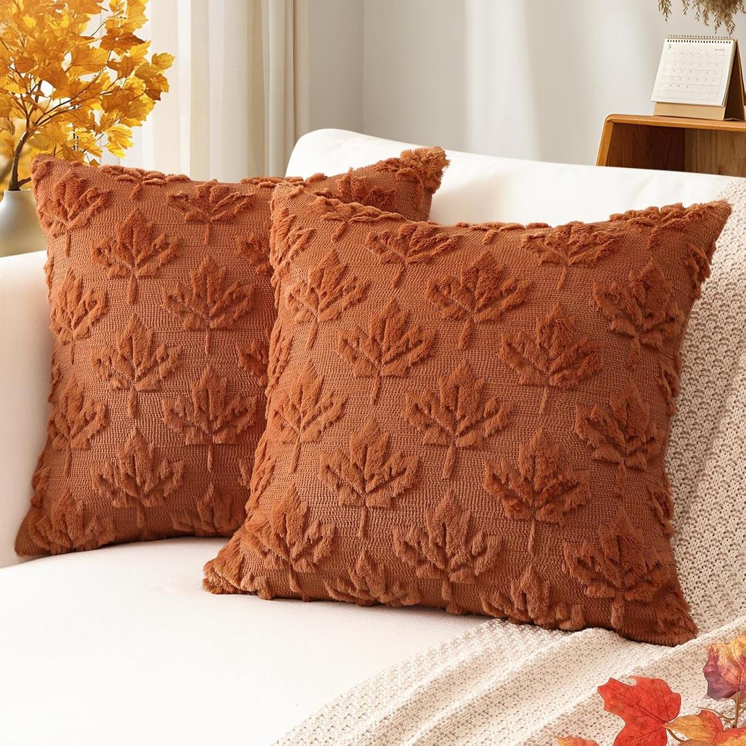 2 x Artscope Maple Leaf Fall Pillow Covers 18 x 18 Set of 2 Decorative Autumn Harvest Holiday Throw Pillow Cases Soft Plush Faux Fur Couch Cushion Case for Farmhouse Sofa Bed Room Home Decor-Rust