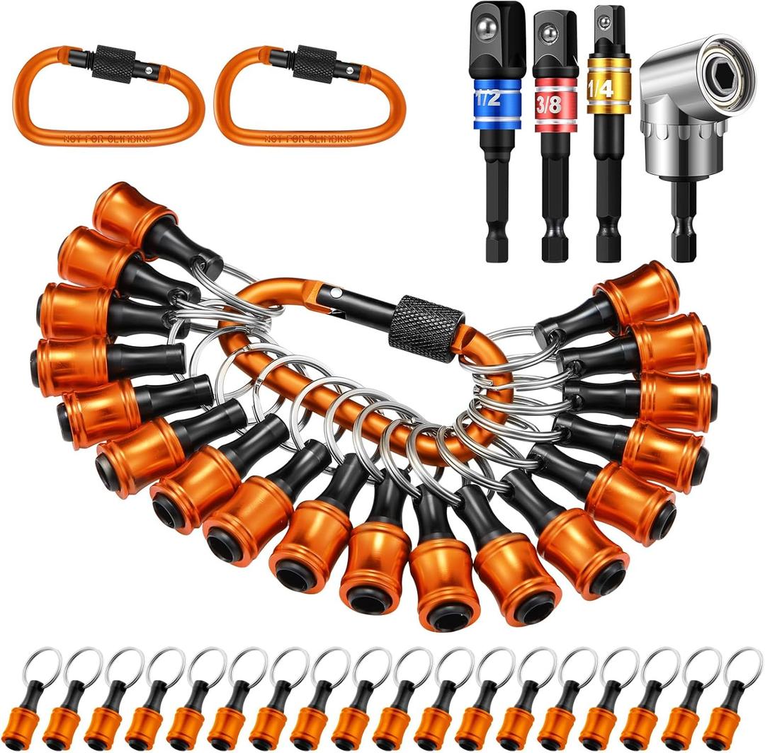 18 Pcs Bit Holder Keychain, 1/4 3/8 1/2 Socket Hex Shank Bit Holders Quick Release Screwdriver Extension Tool 105 Degree Right-Angle Driver for Impact Drills Nut Valentine Gifts (Orange)