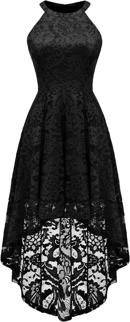 Dressystar Women Halter Lace Wedding Guest Dress Hi-Lo Cocktail Party Bridesmaid Formal Dresses (Large, Black)