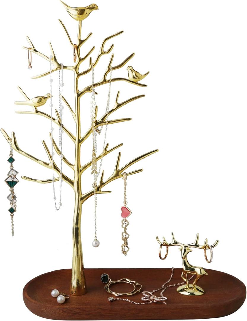 MORE&LESS Branch Jewelry Rack with deer, for Ring Earrings Necklace Bracelet,Suitable for living rooms, bathrooms,offices,etc. (C Tree&Deer Wood Tray)