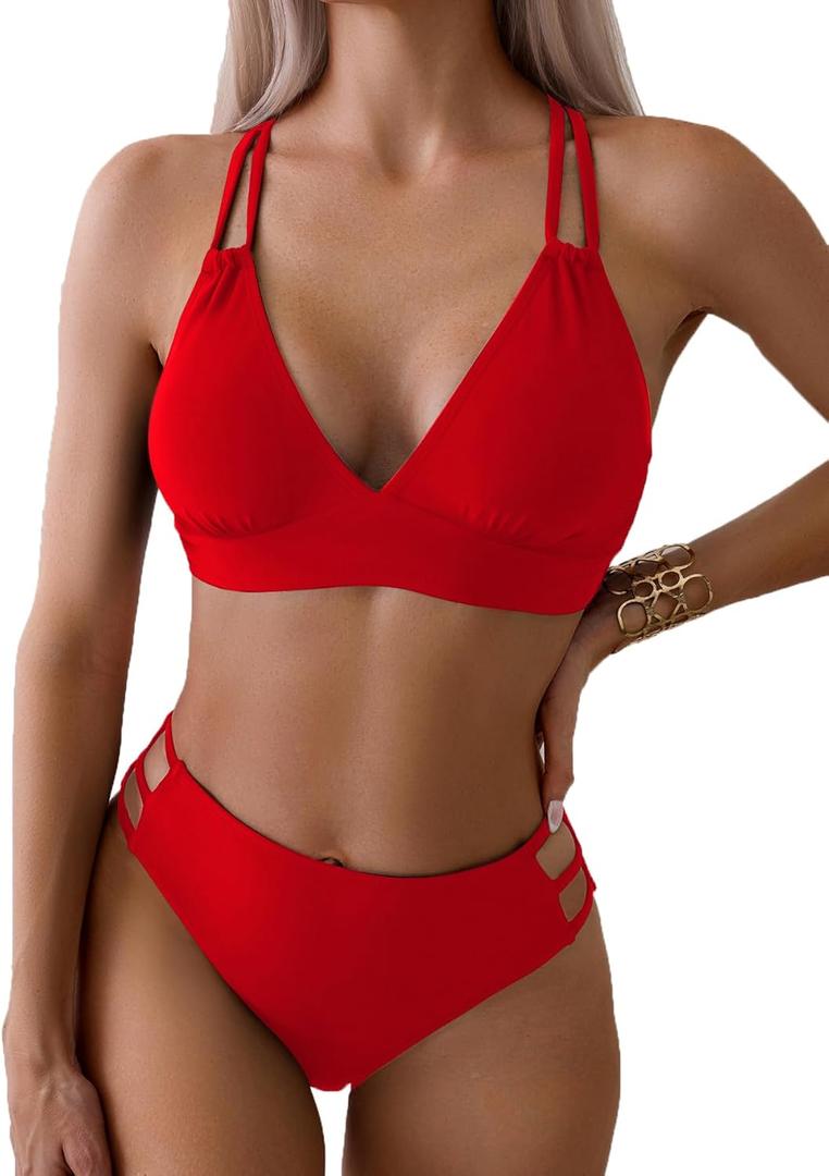 Fanuerg Women's Sexy V Neck Bikini Sets Hollow Out Two Piece Swimsuits Cutout Mid Waist Bathing Suit (Red, XS)