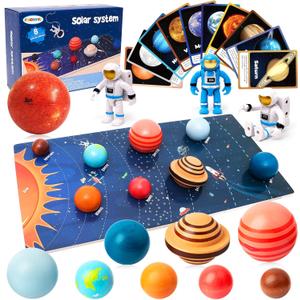 Wooden Solar System Model Board with Sun Stress Ball Astronauts Planet Flash Card Educational Montessori Toys Space Sensory Toys STEM Kits Christmas Birthday Gift for Kids Ages 3-8