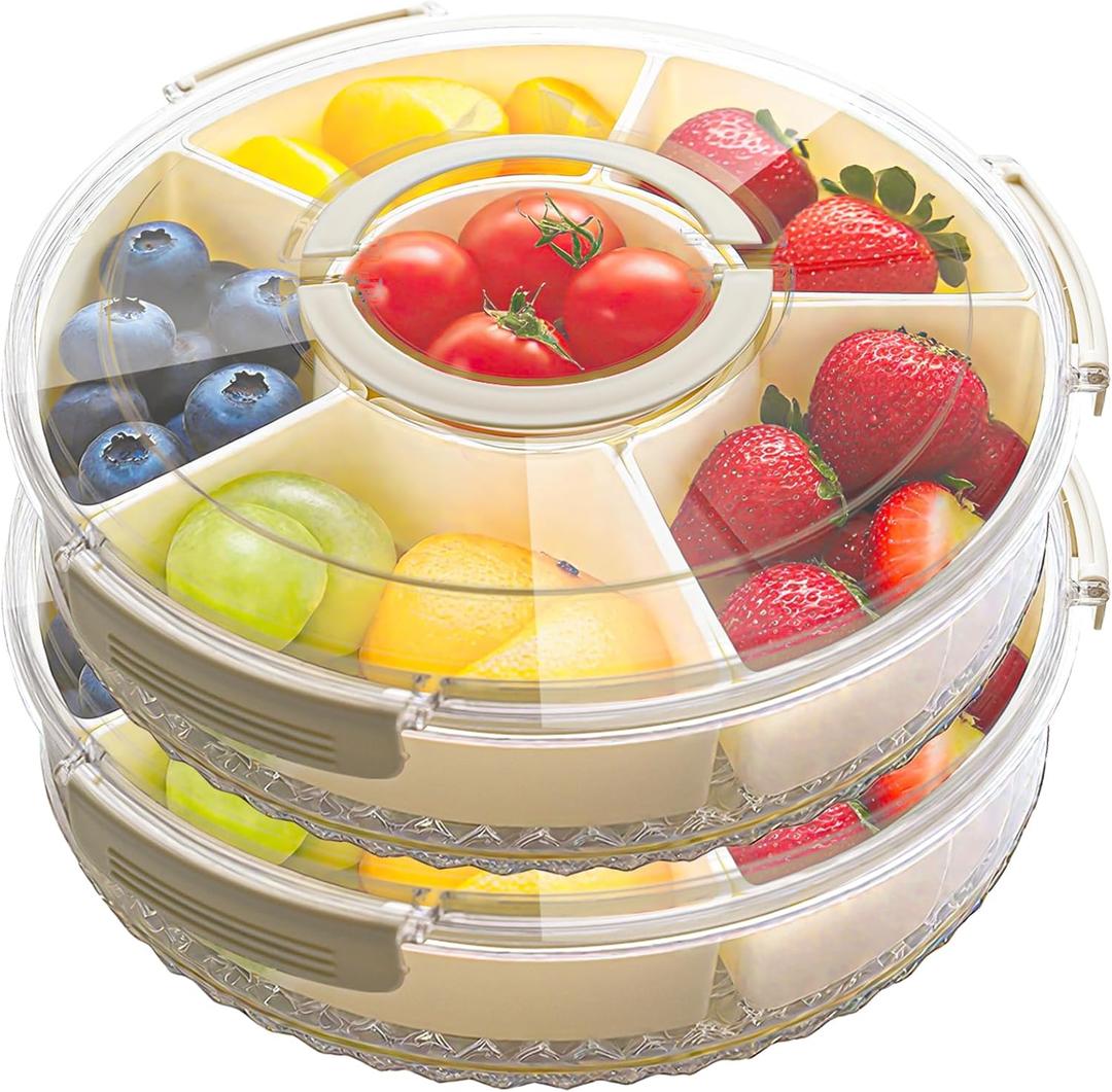 Divided Serving Tray with Lid Rotating Veggie Tray Charcuterie Tray for Dinner Party, Portable Snack Spinner for Picnic, Travel, Leakproof Serving Platter (10.5")