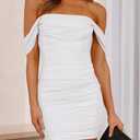 PRETTYGARDEN Cocktail Dresses 2025 Summer Off Shoulder Sexy Bodycon Ruched Mesh Graduation Wedding Guest Mini Short Dress (White, M)